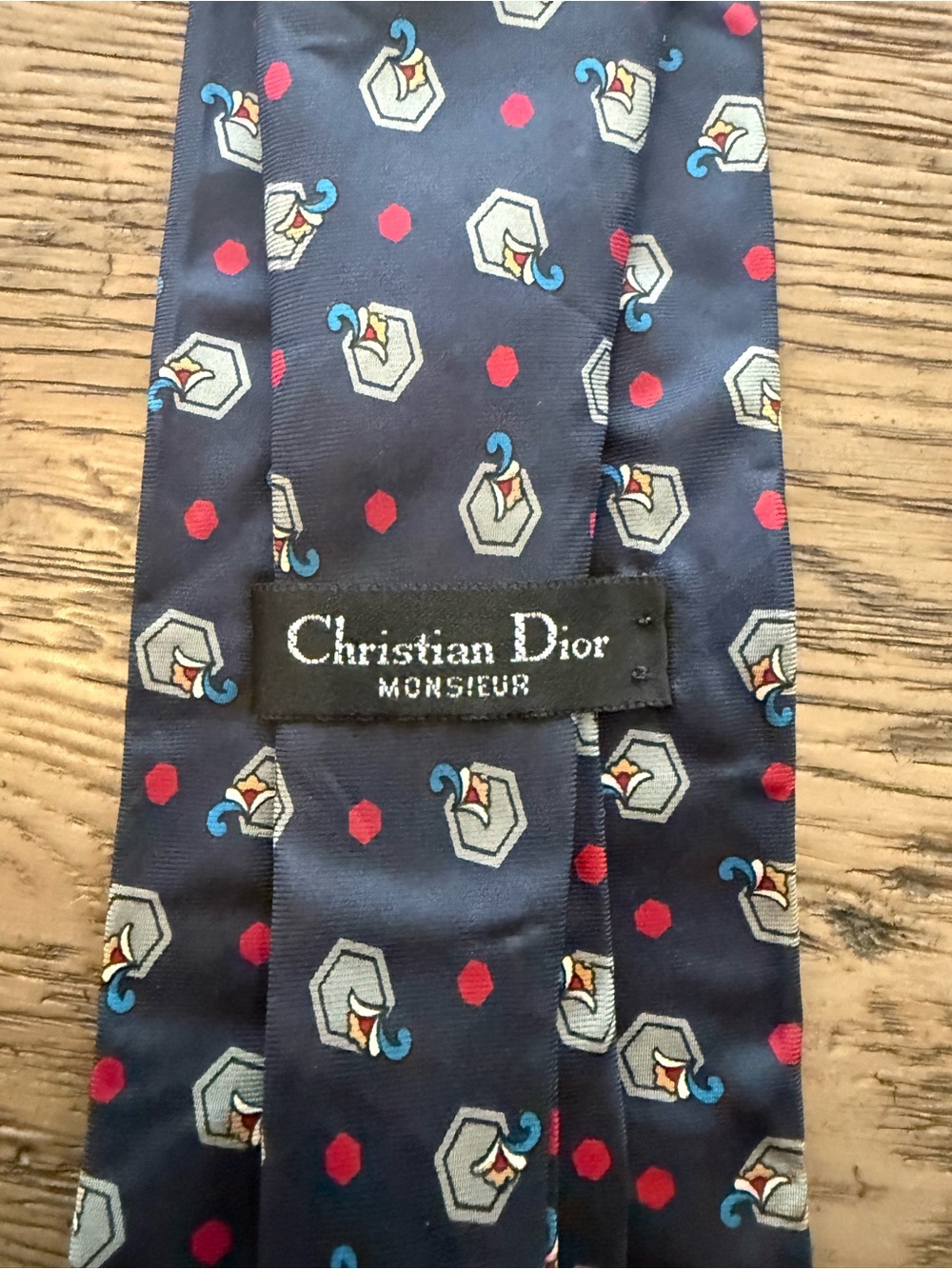 Dior Navy Silk Tie with Red and Light Gray Motif